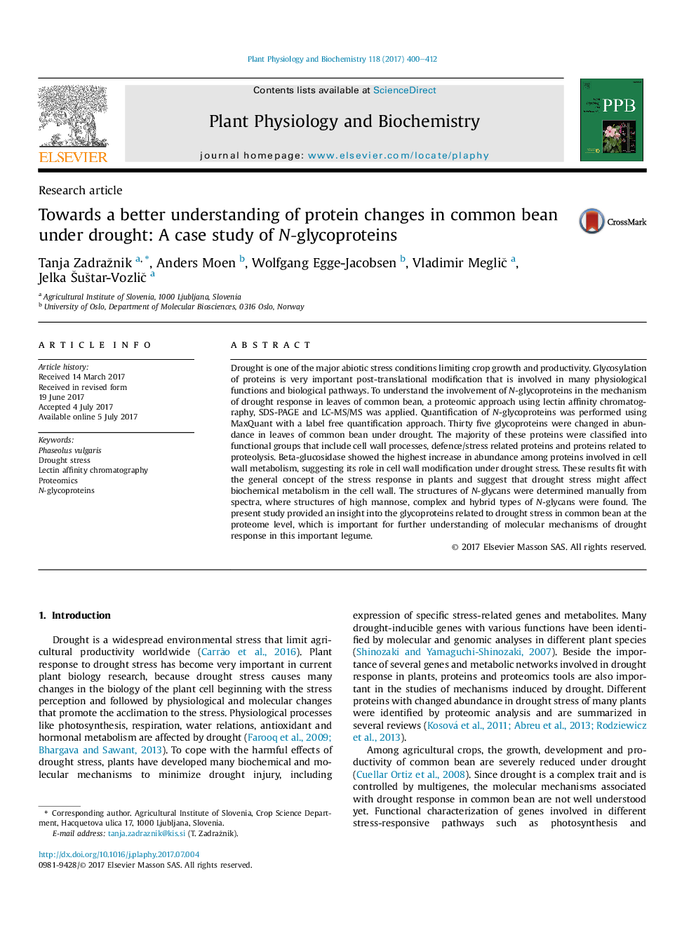 Research articleTowards a better understanding of protein changes in common bean under drought: A case study of N-glycoproteins