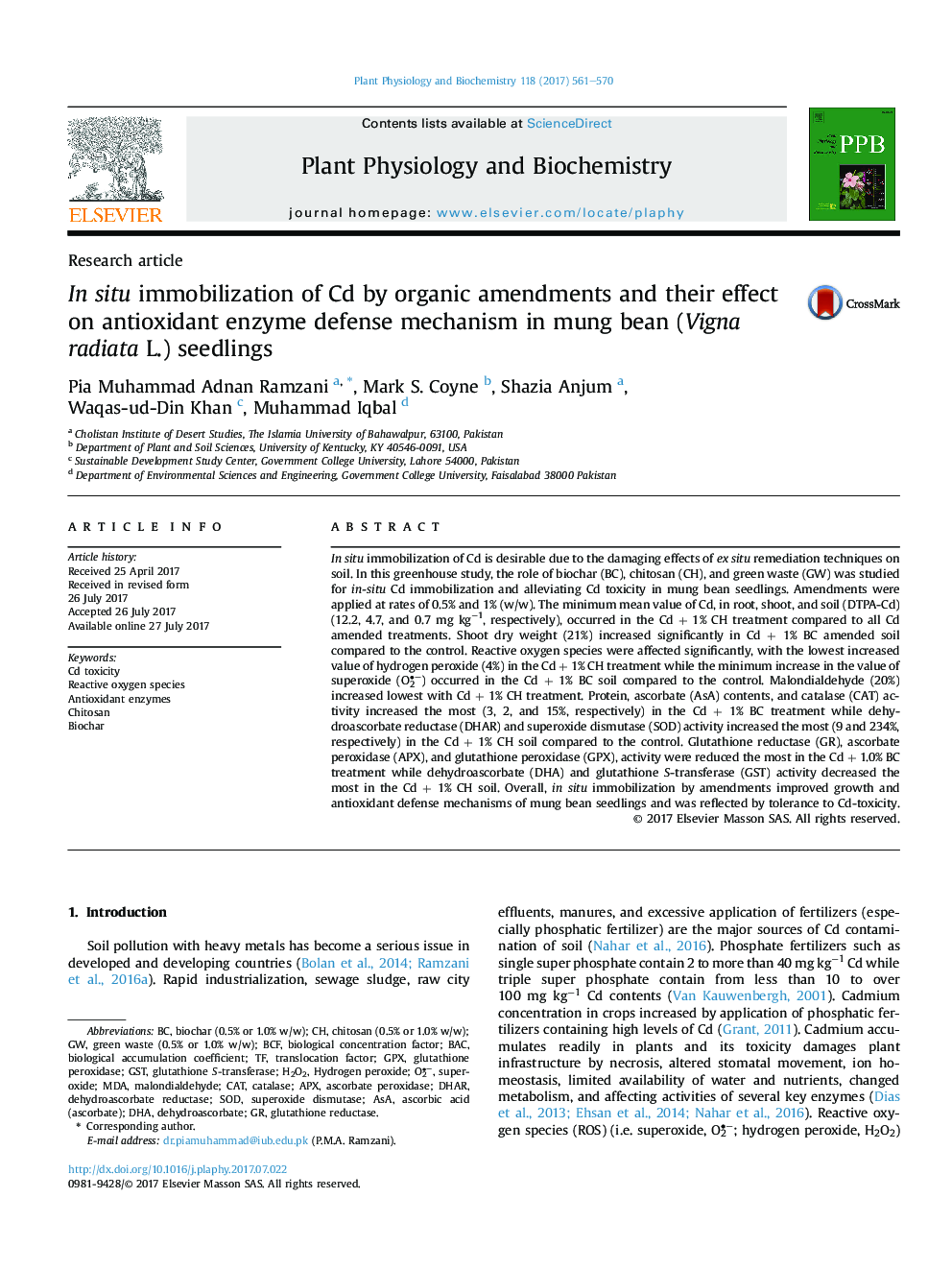 Research articleIn situ immobilization of Cd by organic amendments and their effect on antioxidant enzyme defense mechanism in mung bean (Vigna radiata L.) seedlings