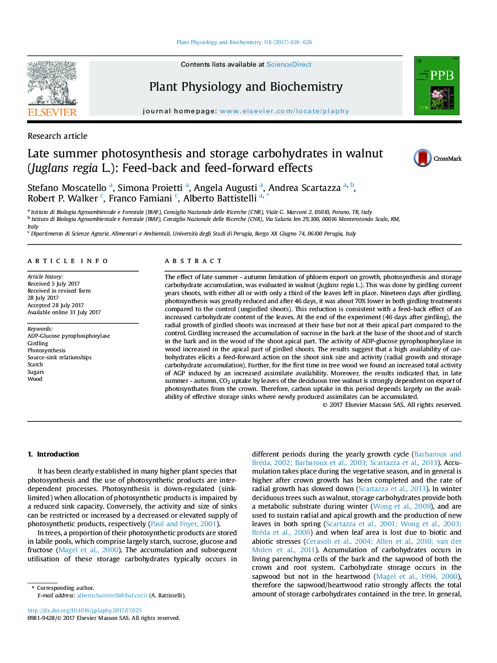 Research articleLate summer photosynthesis and storage carbohydrates in walnut (Juglans regia L.): Feed-back and feed-forward effects