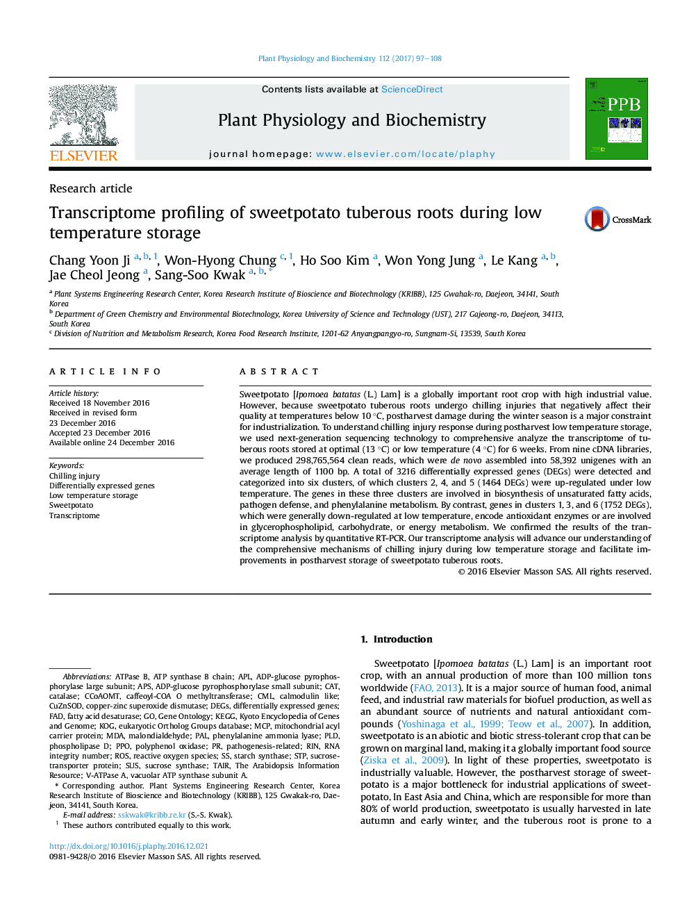 Research articleTranscriptome profiling of sweetpotato tuberous roots during low temperature storage