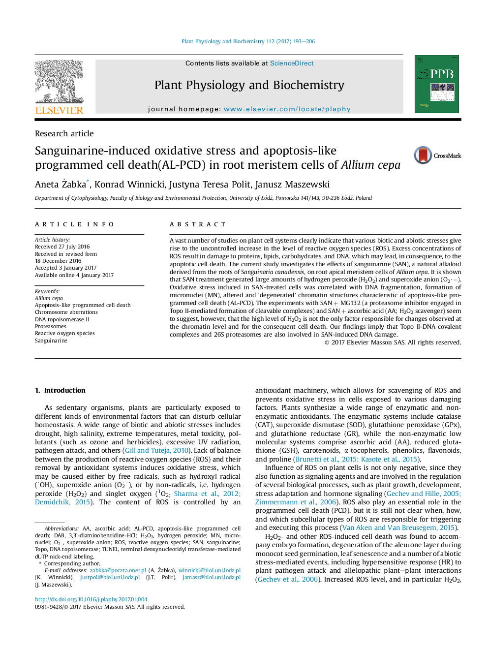 Research articleSanguinarine-induced oxidative stress and apoptosis-like programmed cell death(AL-PCD) in root meristem cells of Allium cepa