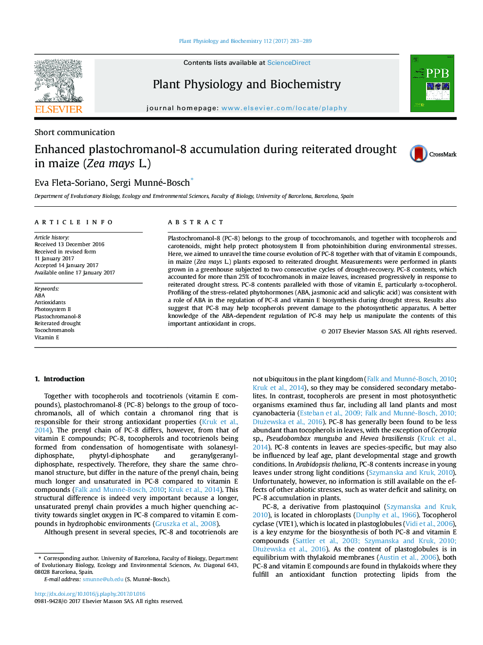 Short communicationEnhanced plastochromanol-8 accumulation during reiterated drought in maize (Zea mays L.)