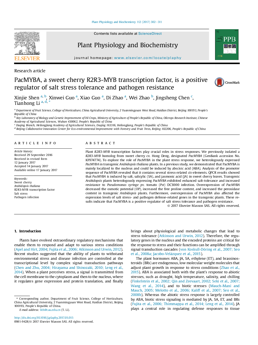 Research articlePacMYBA, a sweet cherry R2R3-MYB transcription factor, is a positive regulator of salt stress tolerance and pathogen resistance