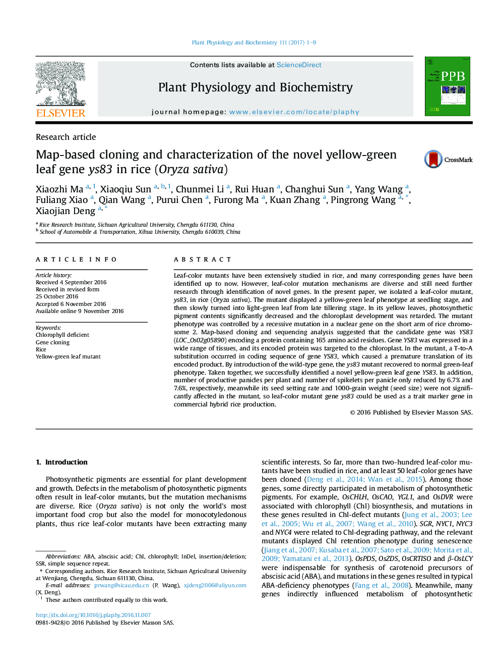 Research articleMap-based cloning and characterization of the novel yellow-green leaf gene ys83 in rice (Oryza sativa)
