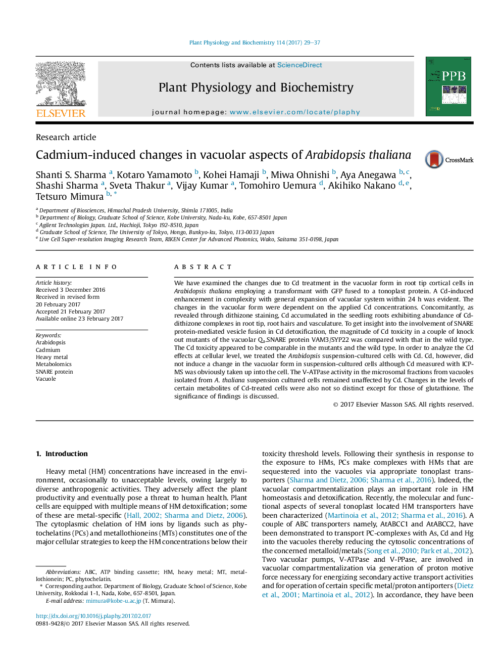 Research articleCadmium-induced changes in vacuolar aspects of Arabidopsis thaliana