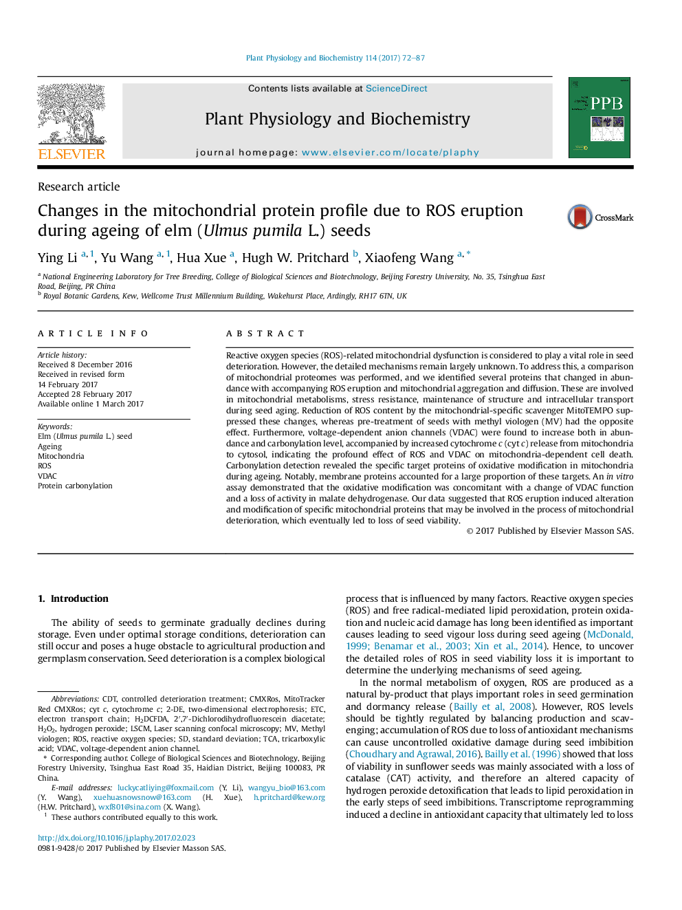 Research articleChanges in the mitochondrial protein profile due to ROS eruption during ageing of elm (Ulmus pumila L.) seeds