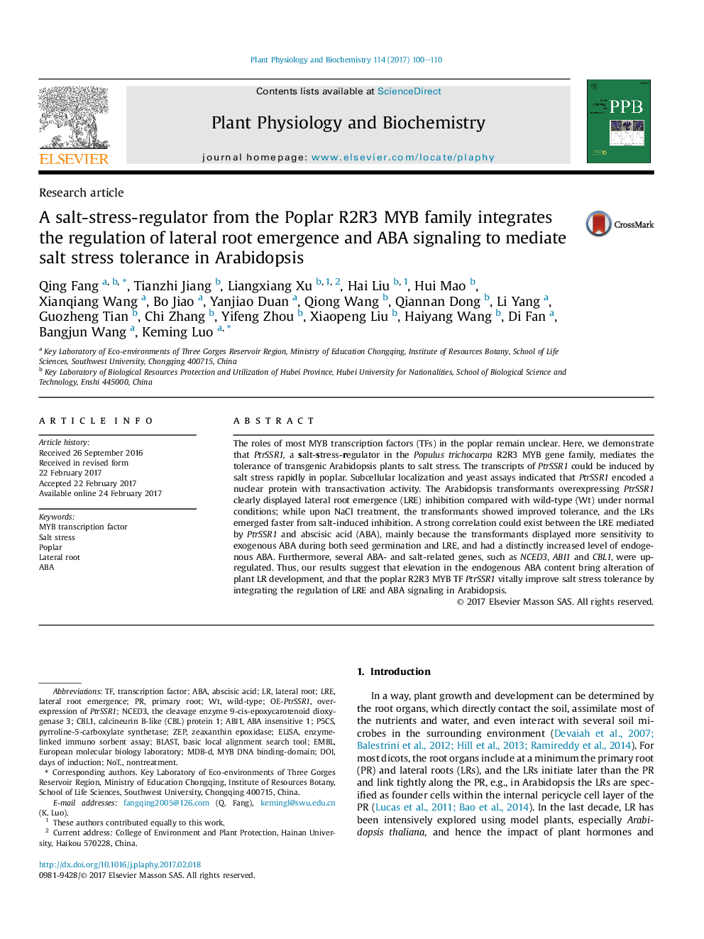 Research articleA salt-stress-regulator from the Poplar R2R3 MYB family integrates the regulation of lateral root emergence and ABA signaling to mediate salt stress tolerance in Arabidopsis