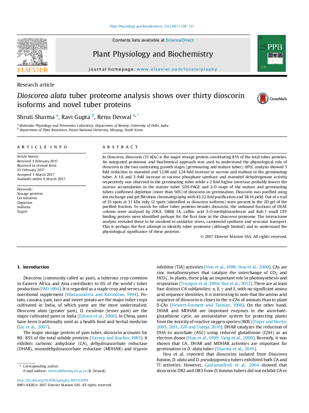 Research articleDioscorea alata tuber proteome analysis shows over thirty dioscorin isoforms and novel tuber proteins