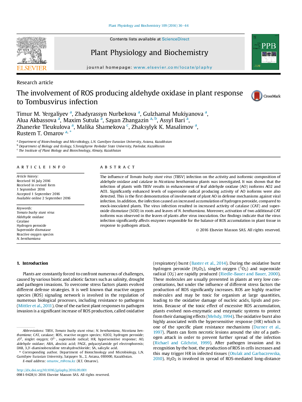 Research articleThe involvement of ROS producing aldehyde oxidase in plant response to Tombusvirus infection