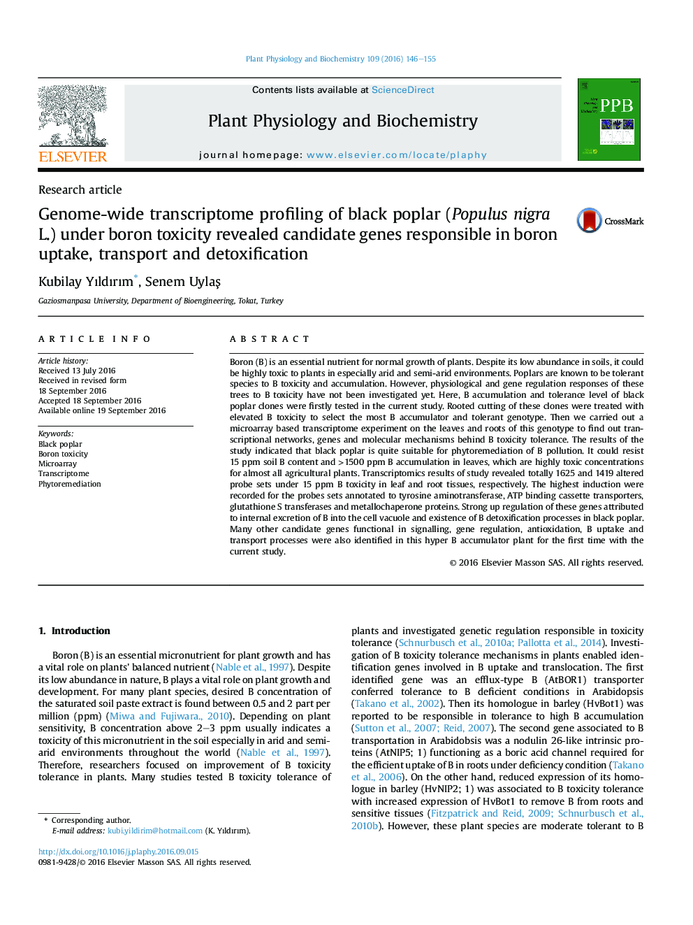 Research articleGenome-wide transcriptome profiling of black poplar (Populus nigra L.) under boron toxicity revealed candidate genes responsible in boron uptake, transport and detoxification