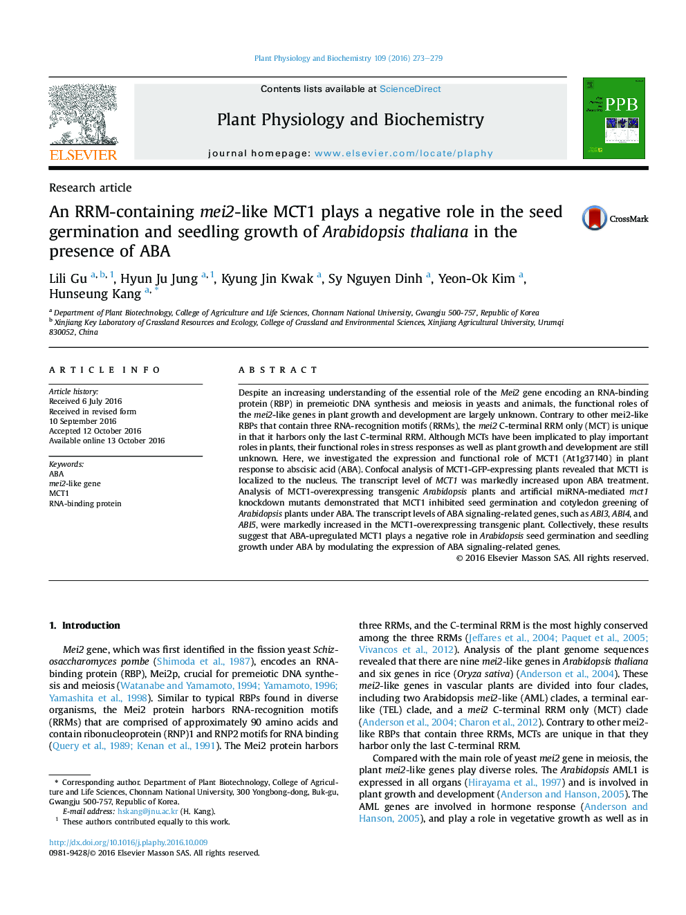 Research articleAn RRM-containing mei2-like MCT1 plays a negative role in the seed germination and seedling growth of Arabidopsis thaliana in the presence of ABA