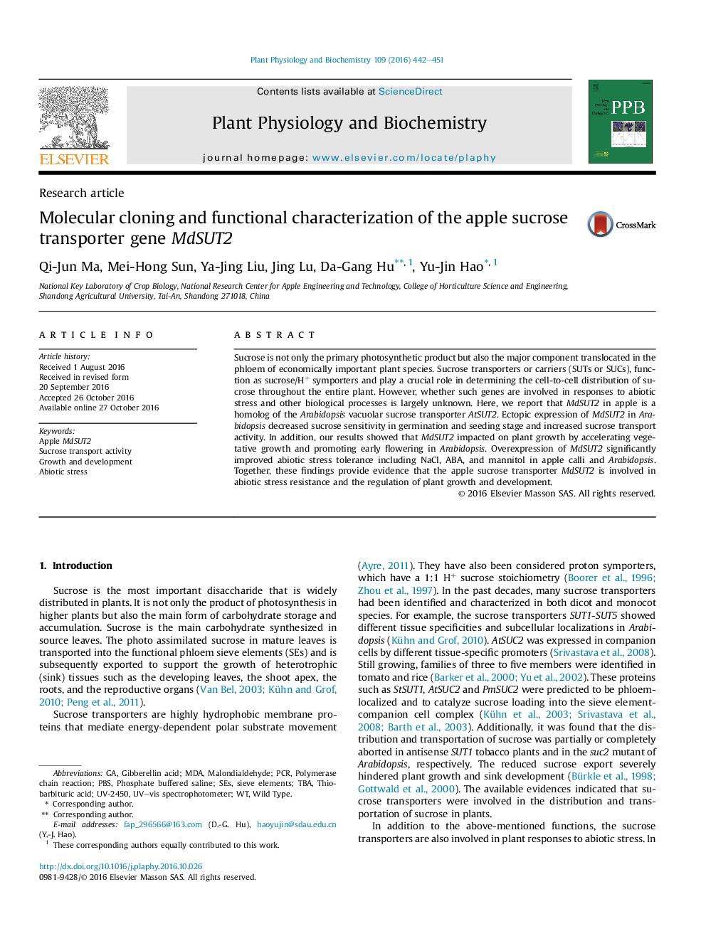 Research articleMolecular cloning and functional characterization of the apple sucrose transporter gene MdSUT2