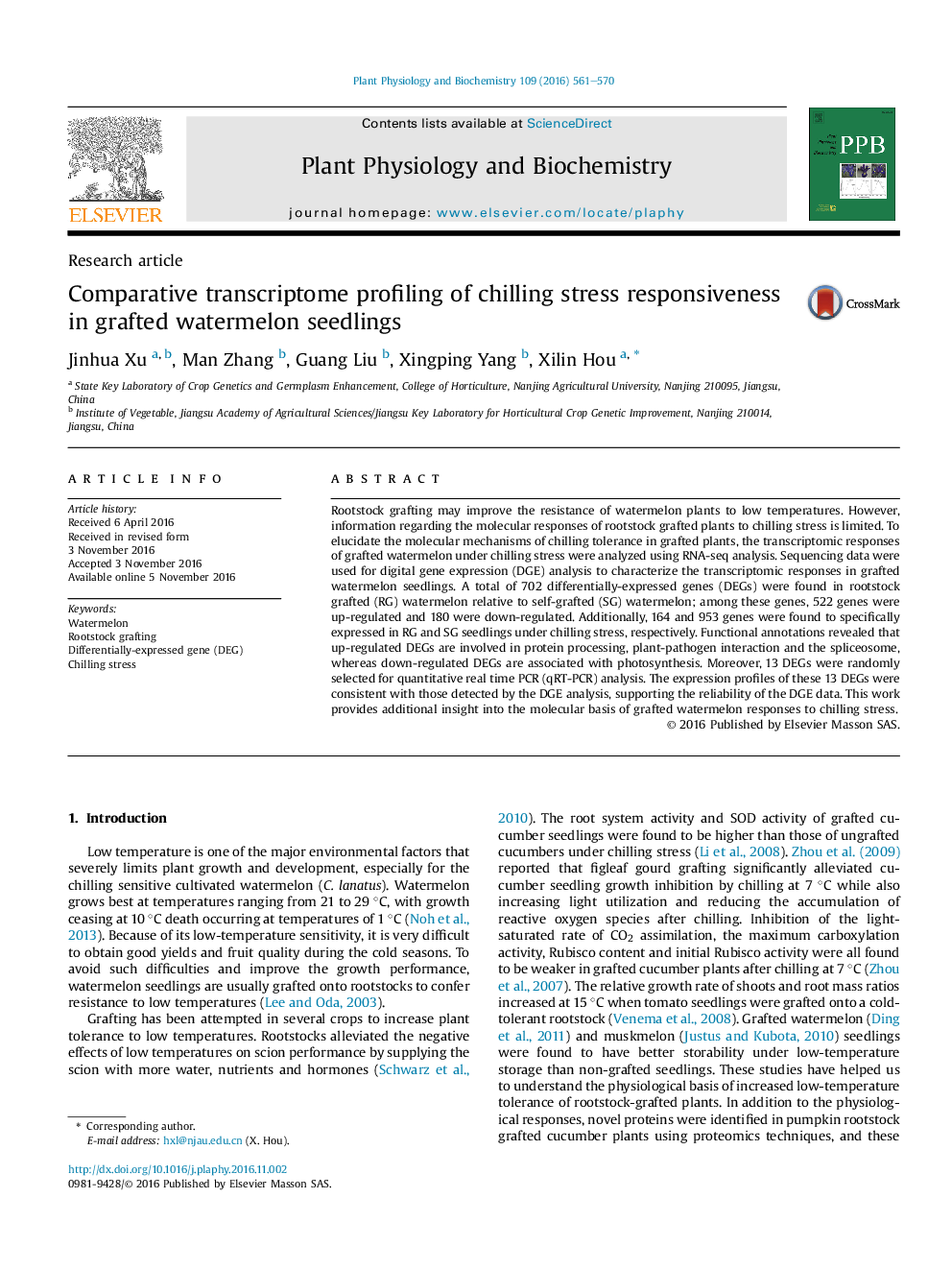 Research articleComparative transcriptome profiling of chilling stress responsiveness in grafted watermelon seedlings