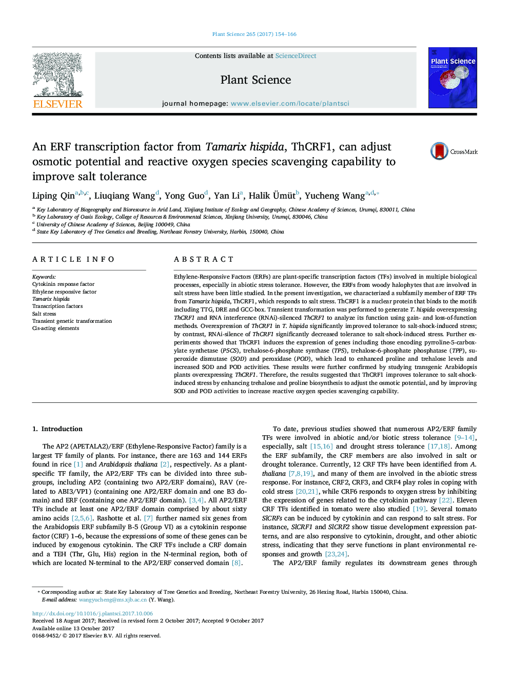 An ERF transcription factor from Tamarix hispida, ThCRF1, can adjust osmotic potential and reactive oxygen species scavenging capability to improve salt tolerance