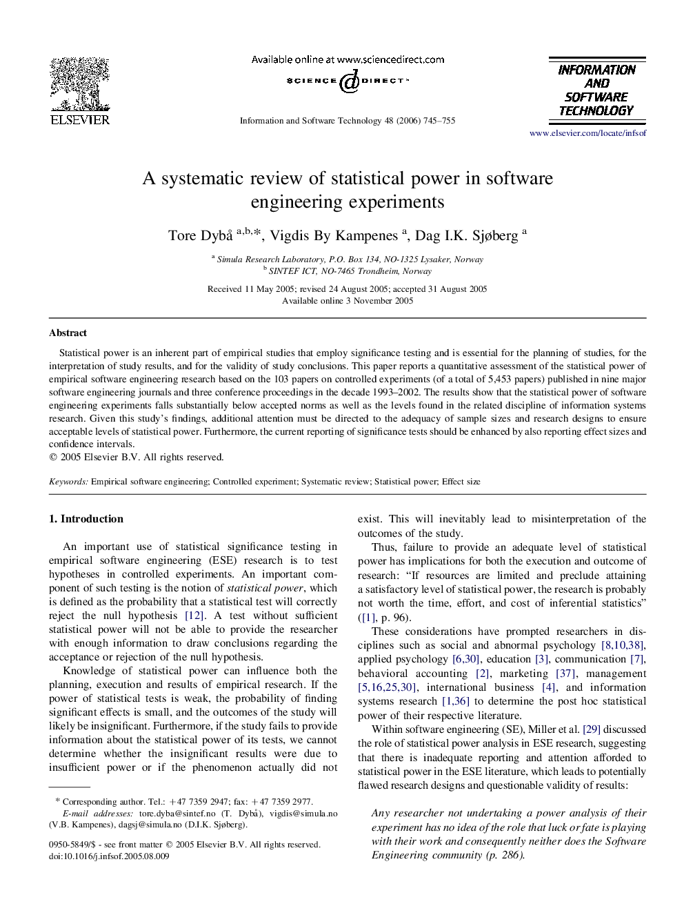 A systematic review of statistical power in software engineering experiments