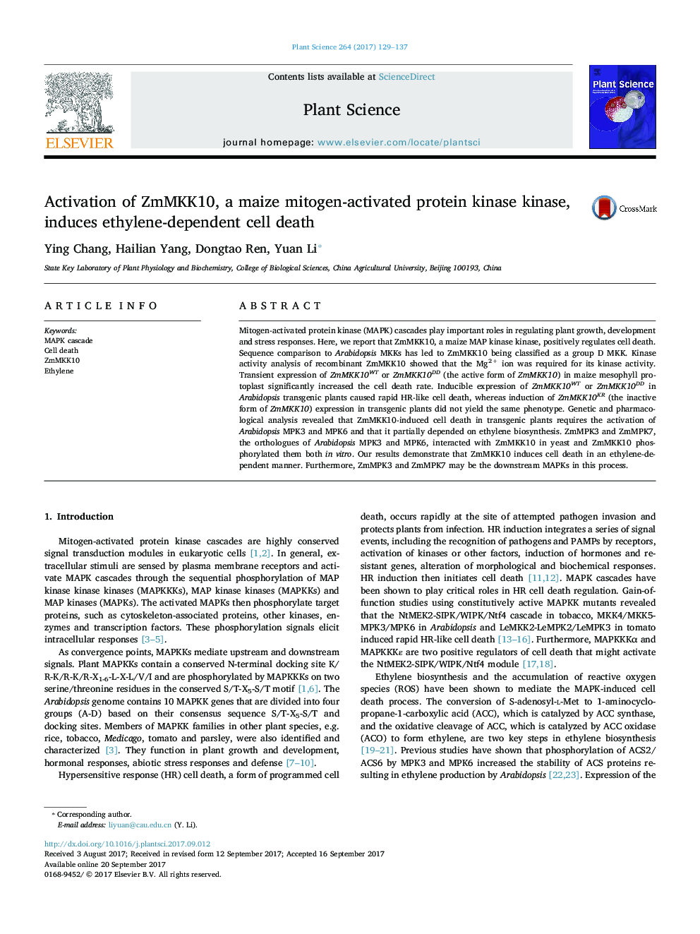 Activation of ZmMKK10, a maize mitogen-activated protein kinase kinase, induces ethylene-dependent cell death