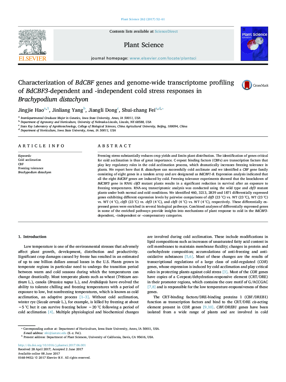 Characterization of BdCBF genes and genome-wide transcriptome profiling of BdCBF3-dependent and -independent cold stress responses in Brachypodium distachyon