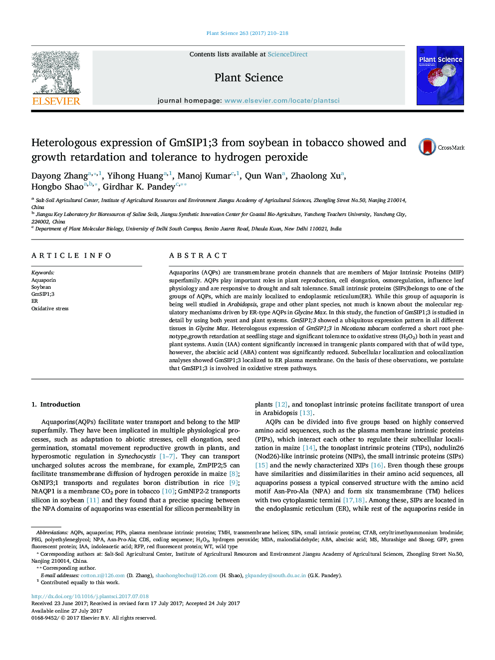 Heterologous expression of GmSIP1;3 from soybean in tobacco showed and growth retardation and tolerance to hydrogen peroxide