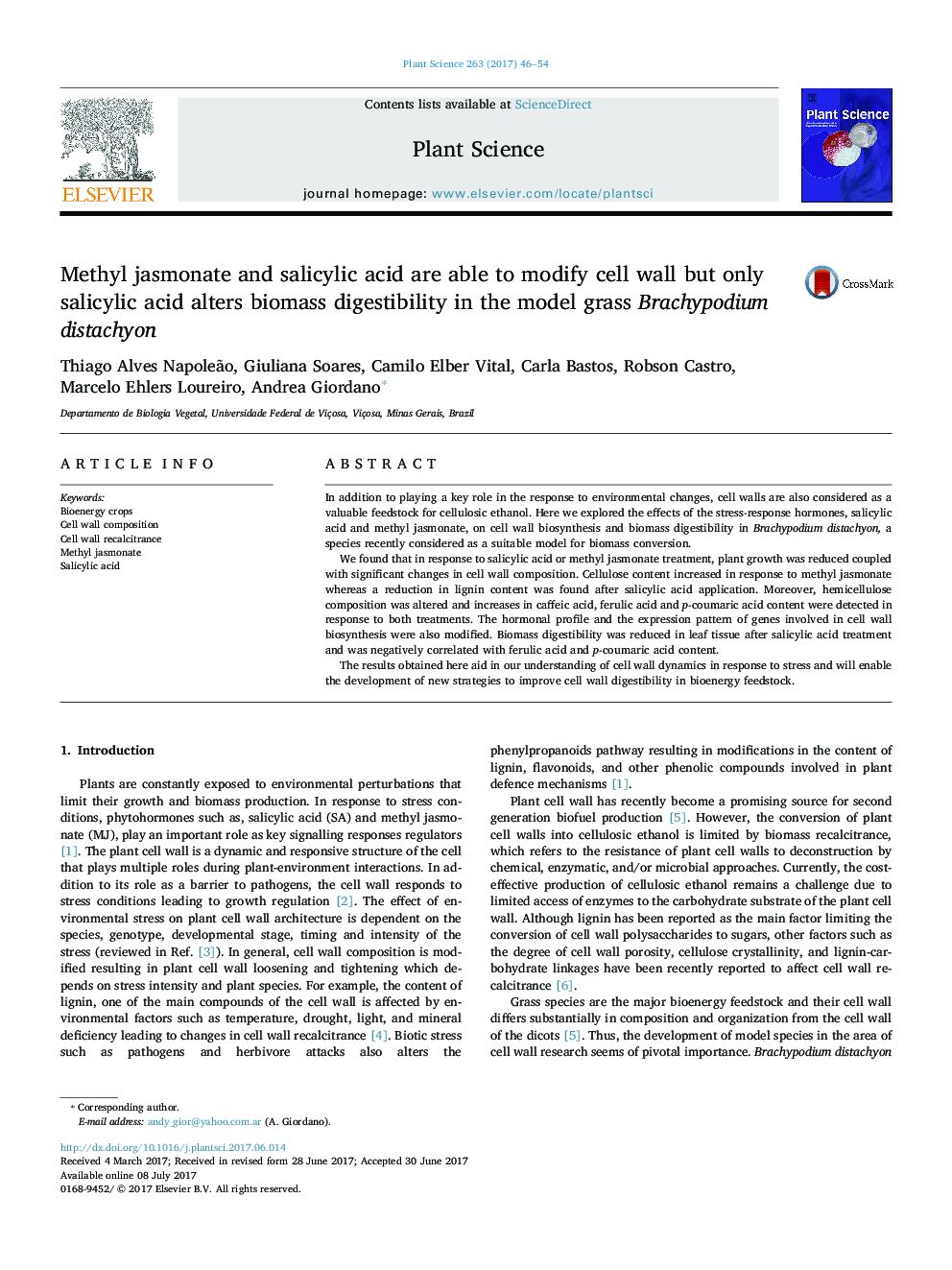 Methyl jasmonate and salicylic acid are able to modify cell wall but only salicylic acid alters biomass digestibility in the model grass Brachypodium distachyon