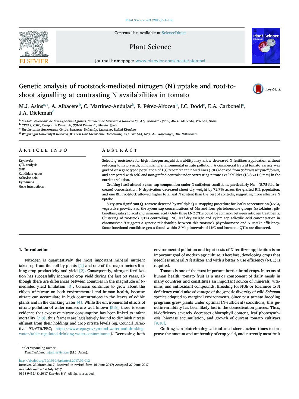 Genetic analysis of rootstock-mediated nitrogen (N) uptake and root-to-shoot signalling at contrasting N availabilities in tomato