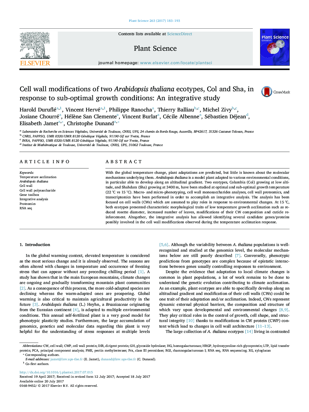 Cell wall modifications of two Arabidopsis thaliana ecotypes, Col and Sha, in response to sub-optimal growth conditions: An integrative study