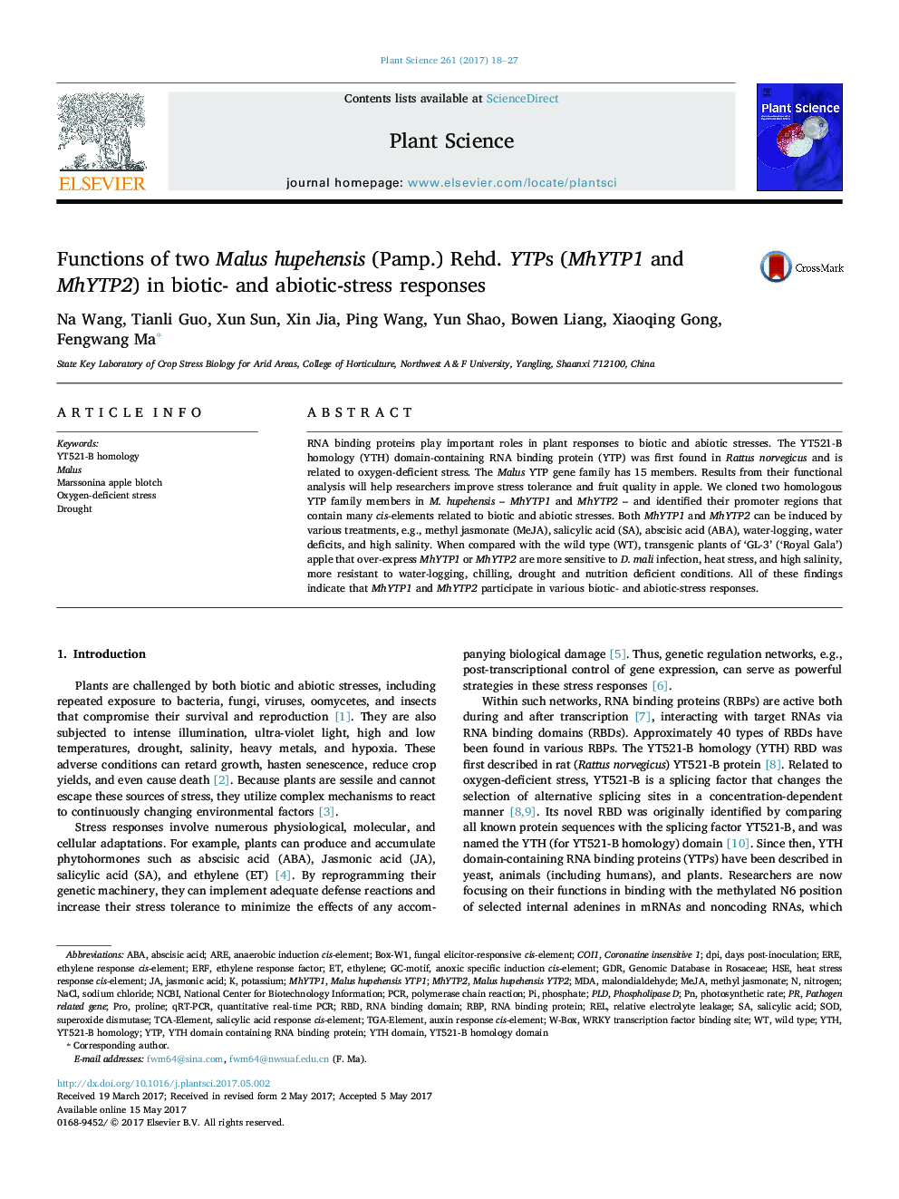 Functions of two Malus hupehensis (Pamp.) Rehd. YTPs (MhYTP1 and MhYTP2) in biotic- and abiotic-stress responses