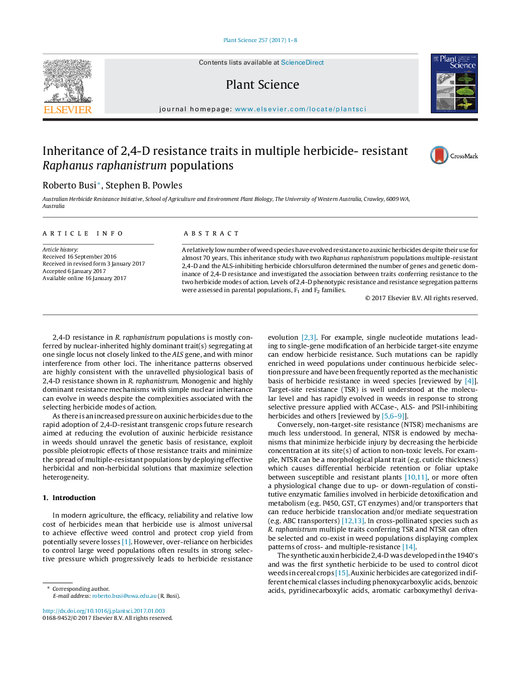 Inheritance of 2,4-D resistance traits in multiple herbicide- resistant Raphanus raphanistrum populations