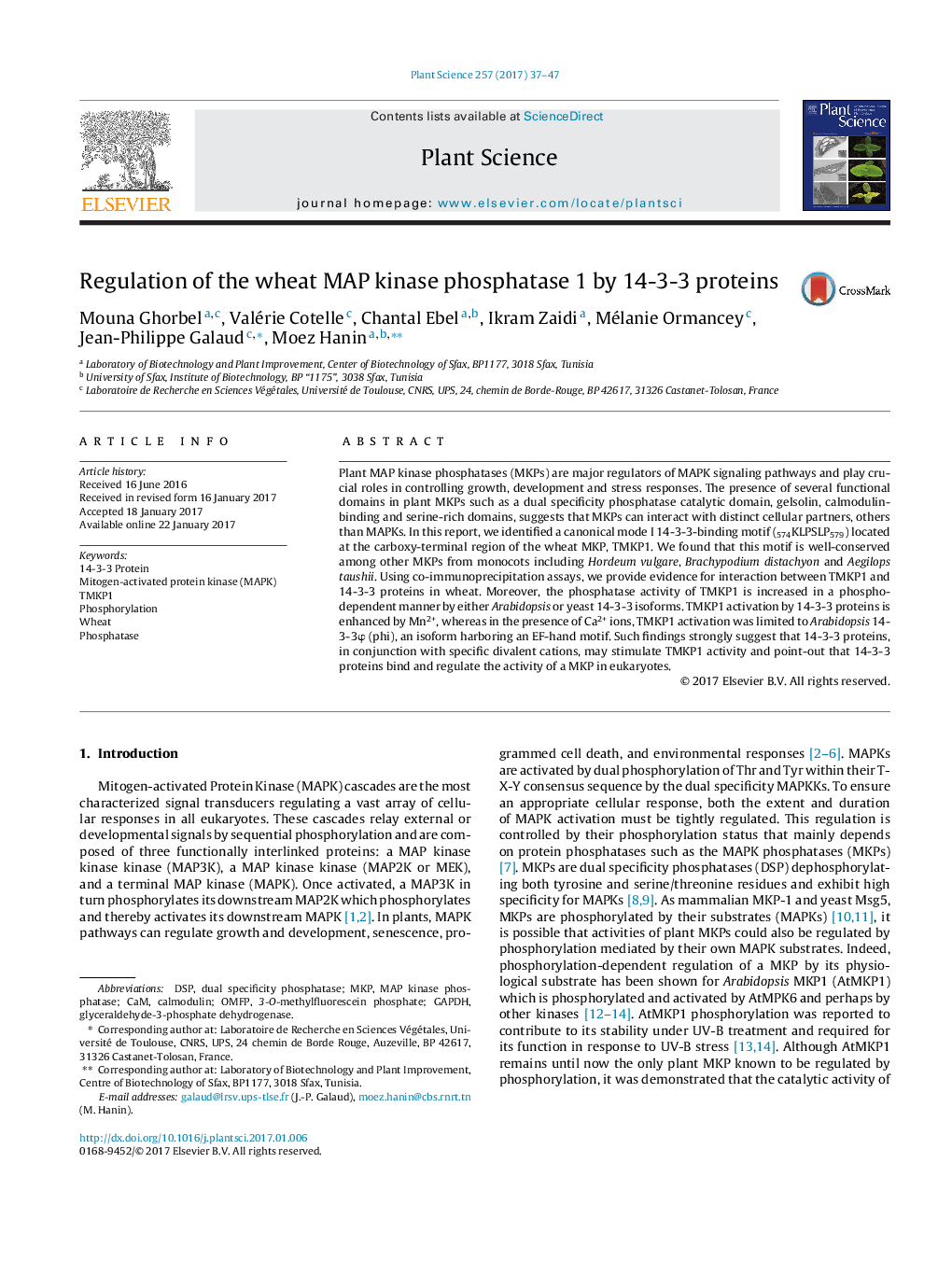 Regulation of the wheat MAP kinase phosphatase 1 by 14-3-3 proteins