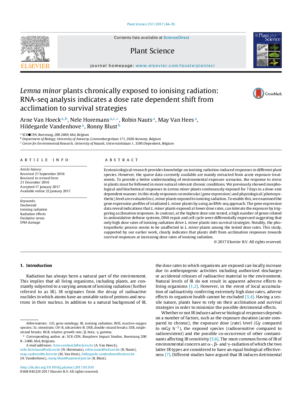 Lemna minor plants chronically exposed to ionising radiation: RNA-seq analysis indicates a dose rate dependent shift from acclimation to survival strategies