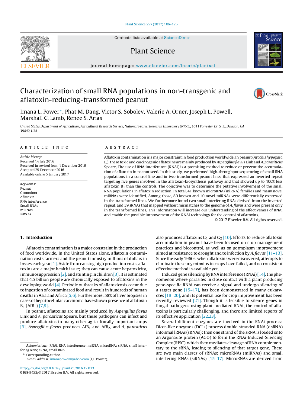 Characterization of small RNA populations in non-transgenic and aflatoxin-reducing-transformed peanut