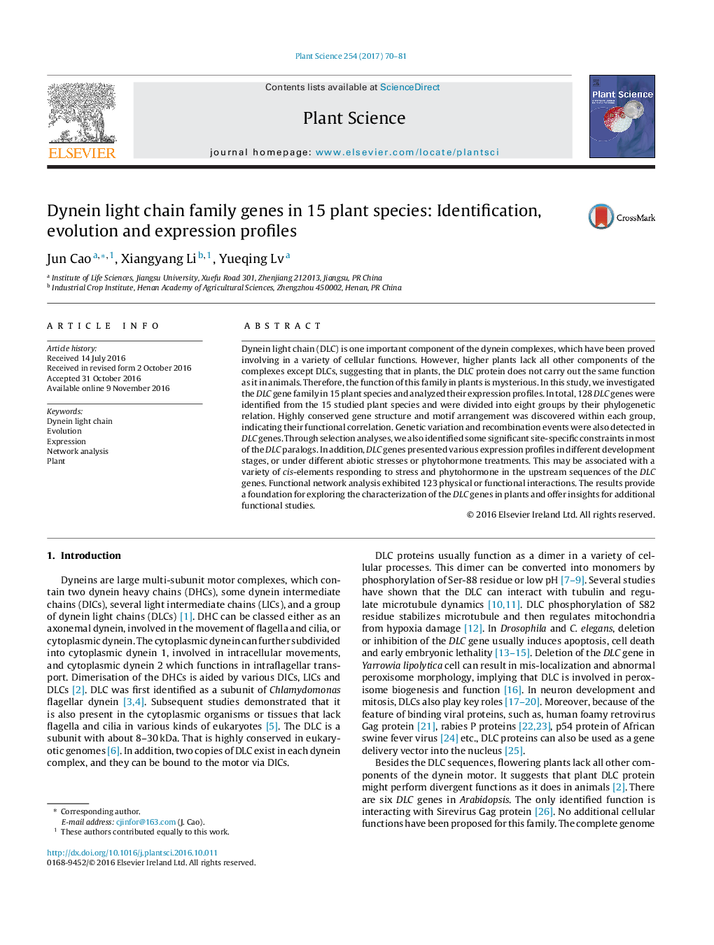 Dynein light chain family genes in 15 plant species: Identification, evolution and expression profiles