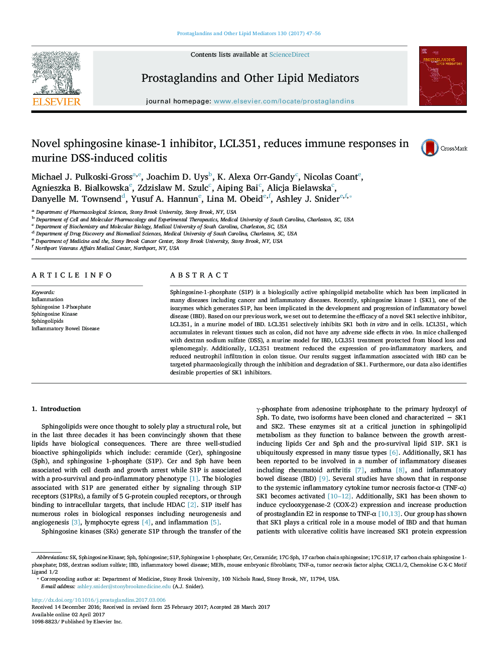 Novel sphingosine kinase-1 inhibitor, LCL351, reduces immune responses in murine DSS-induced colitis