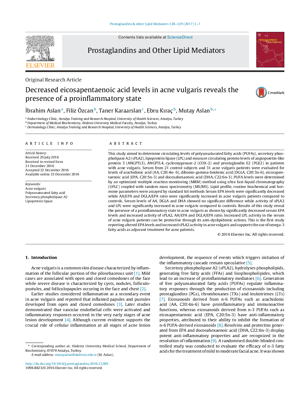 Original Research ArticleDecreased eicosapentaenoic acid levels in acne vulgaris reveals the presence of a proinflammatory state