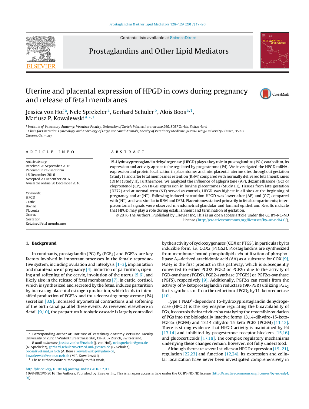 Uterine and placental expression of HPGD in cows during pregnancy and release of fetal membranes