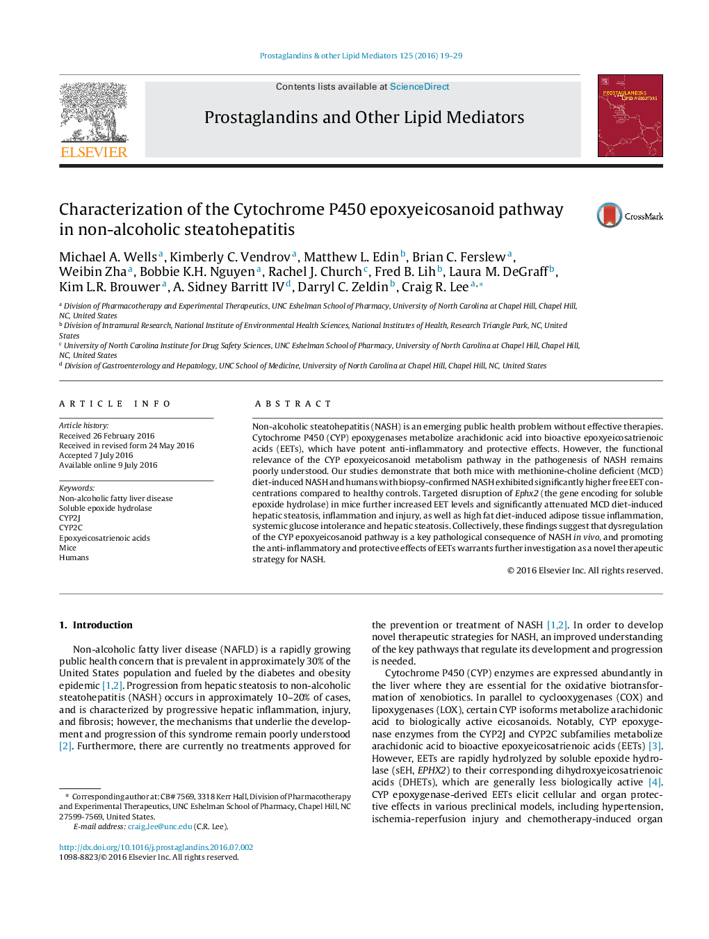 Characterization of the Cytochrome P450 epoxyeicosanoid pathway in non-alcoholic steatohepatitis