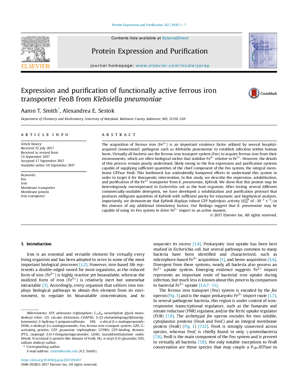 Expression and purification of functionally active ferrous iron transporter FeoB from Klebsiella pneumoniae