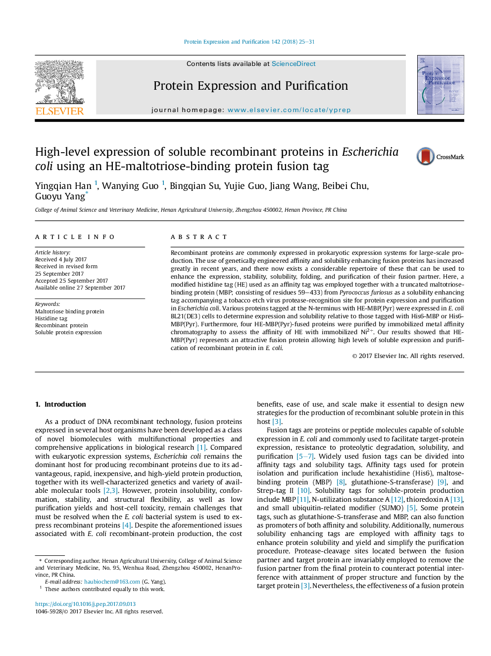 High-level expression of soluble recombinant proteins in Escherichia coli using an HE-maltotriose-binding protein fusion tag