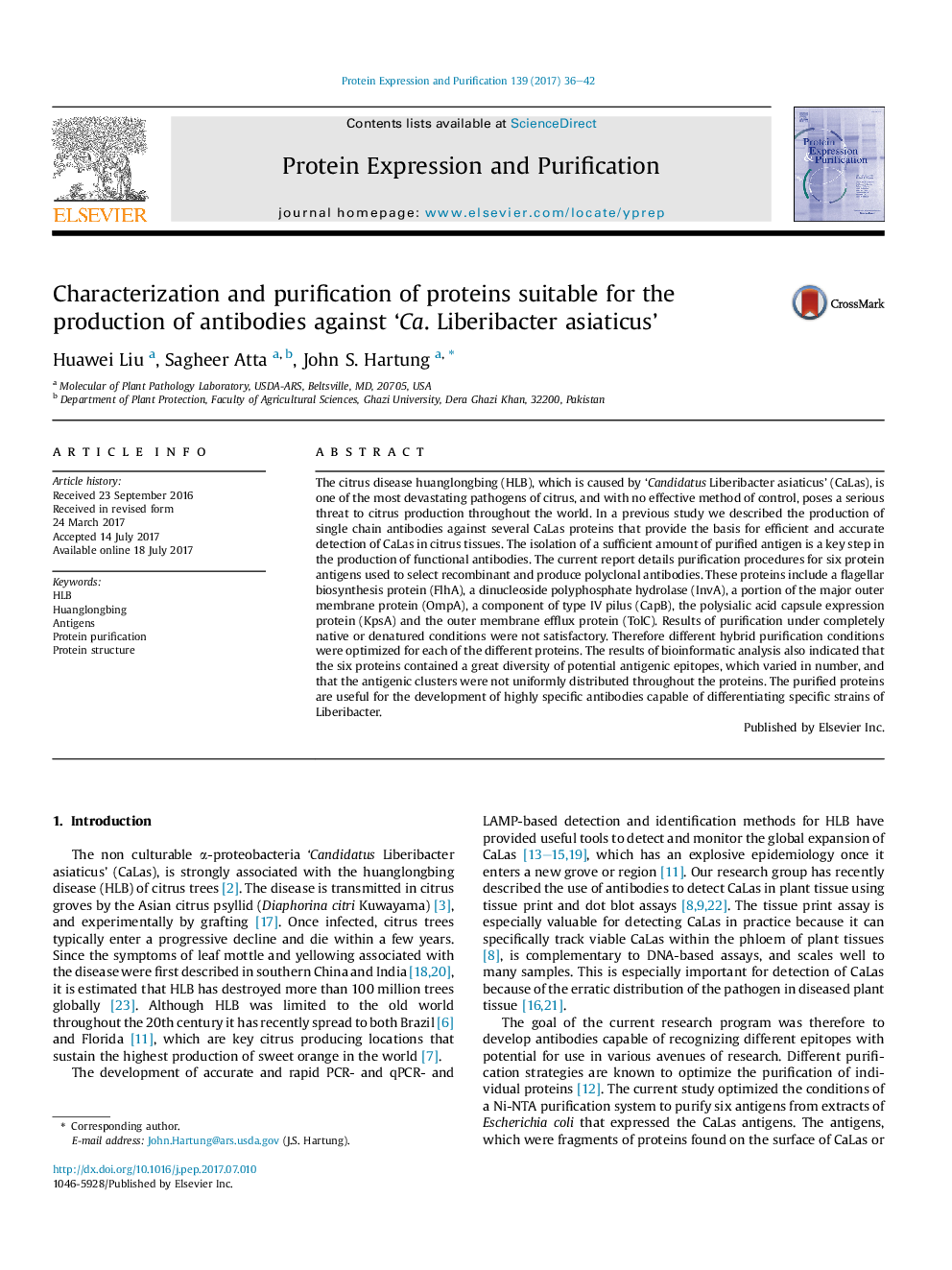 Characterization and purification of proteins suitable for the production of antibodies against 'Ca. Liberibacter asiaticus'