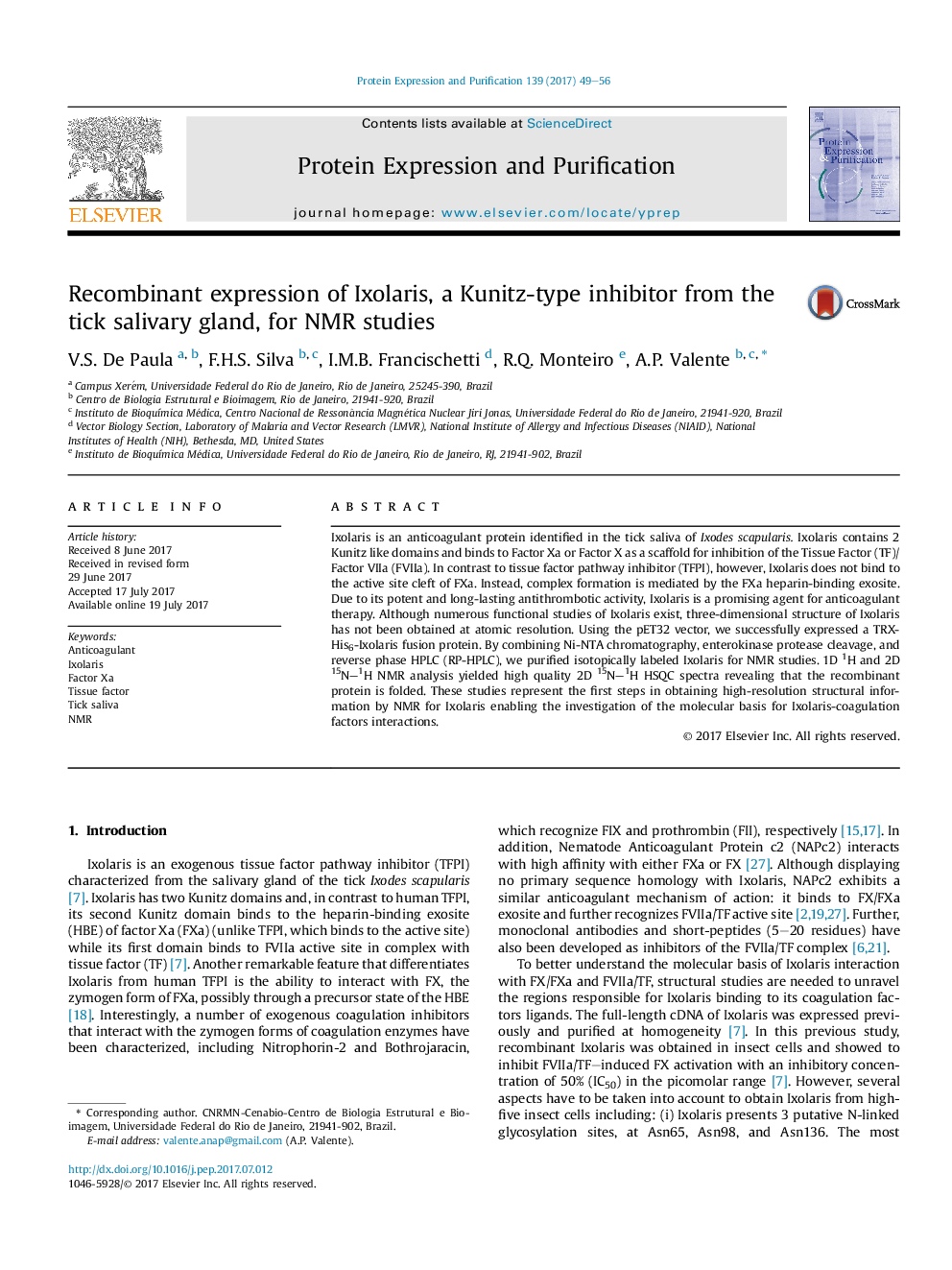 Recombinant expression of Ixolaris, a Kunitz-type inhibitor from the tick salivary gland, for NMR studies