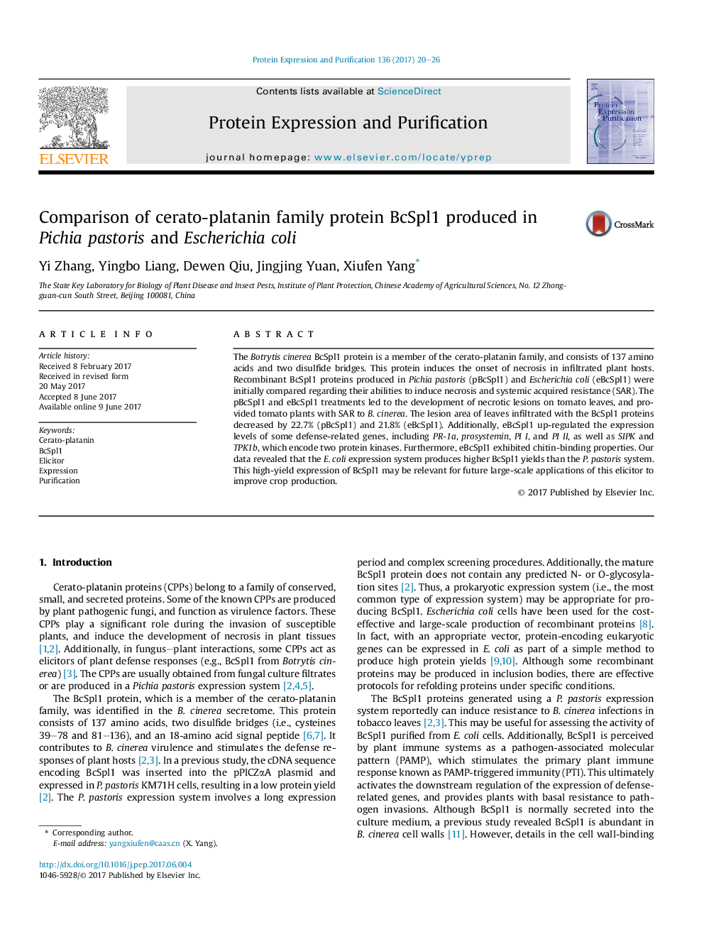 Comparison of cerato-platanin family protein BcSpl1 produced in Pichia pastoris and Escherichia coli