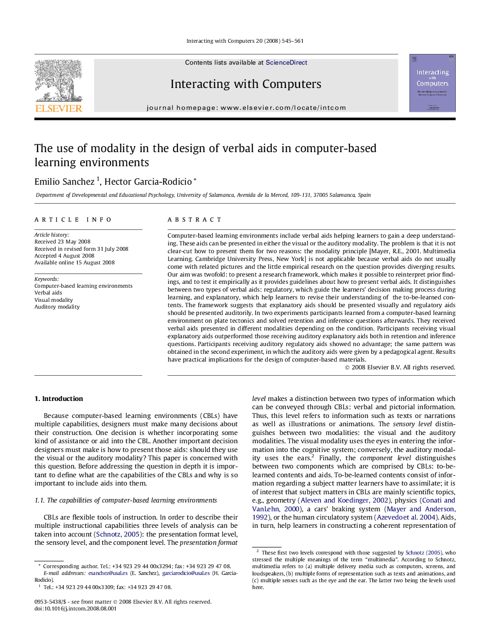 The use of modality in the design of verbal aids in computer-based learning environments