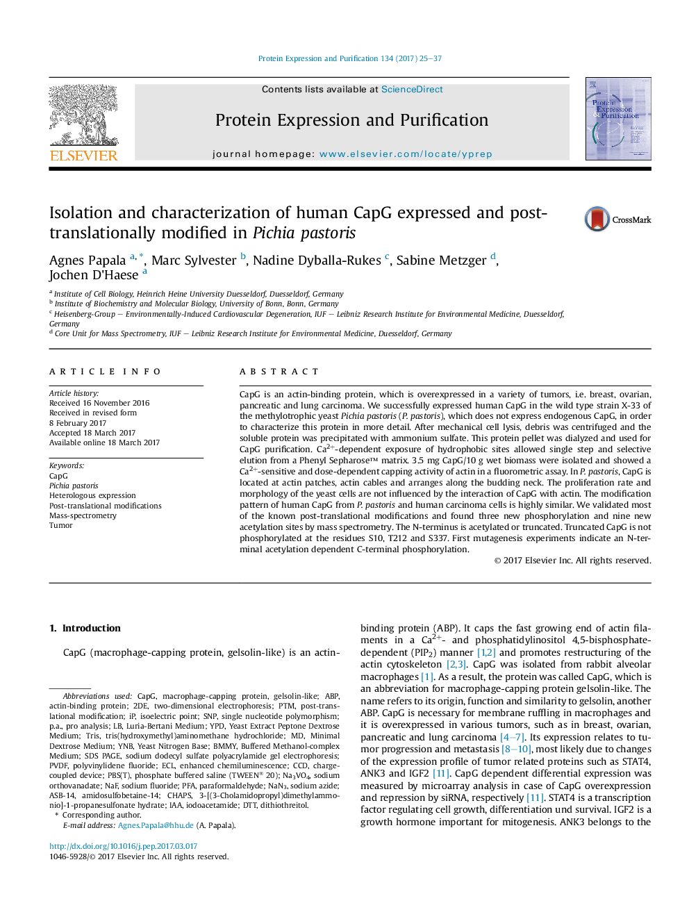 Isolation and characterization of human CapG expressed and post-translationally modified in Pichia pastoris