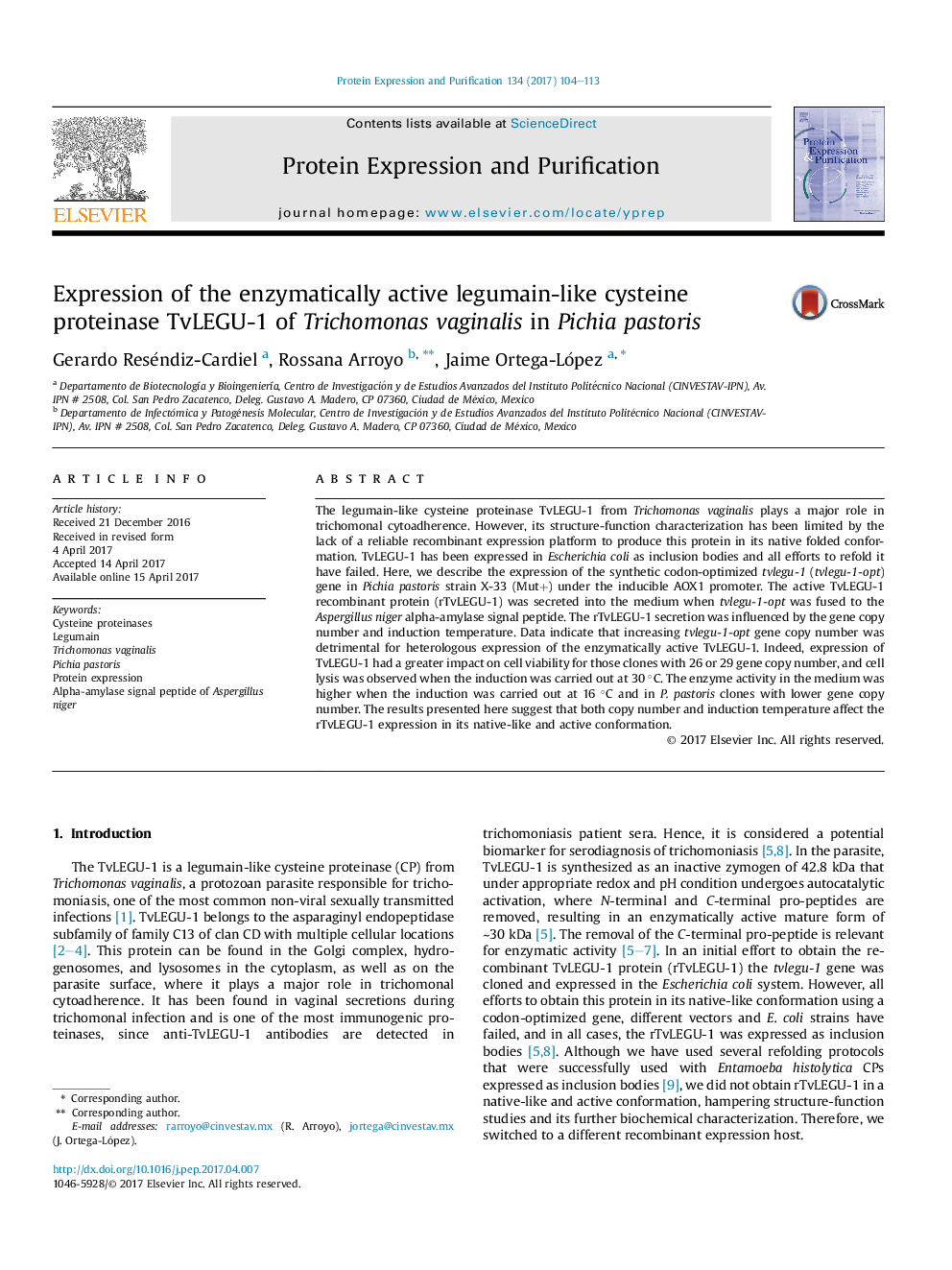 Expression of the enzymatically active legumain-like cysteine proteinase TvLEGU-1 of Trichomonas vaginalis in Pichia pastoris