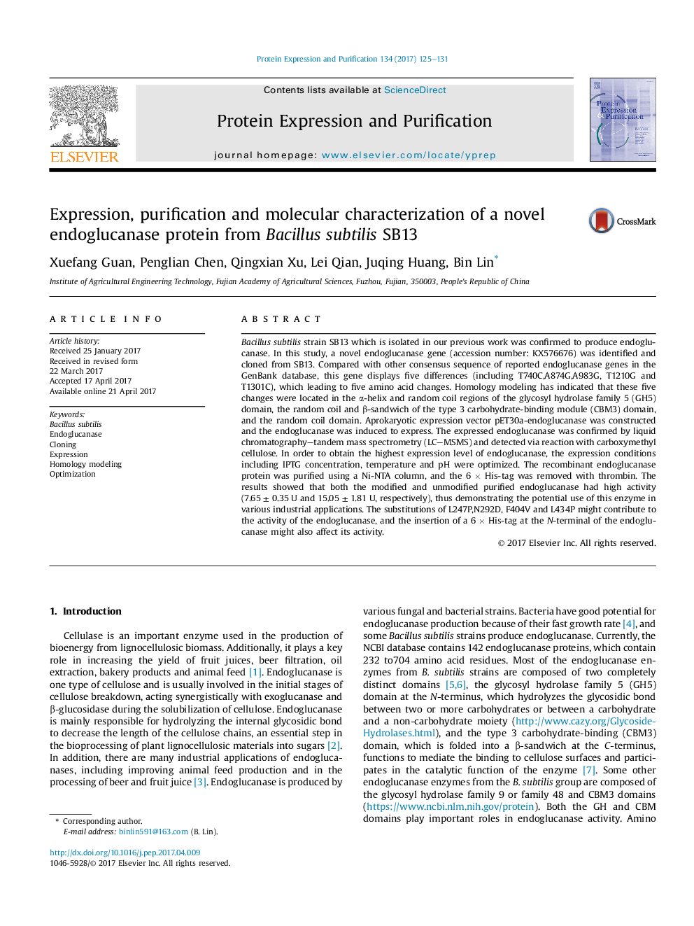 Expression, purification and molecular characterization of a novel endoglucanase protein from Bacillus subtilis SB13