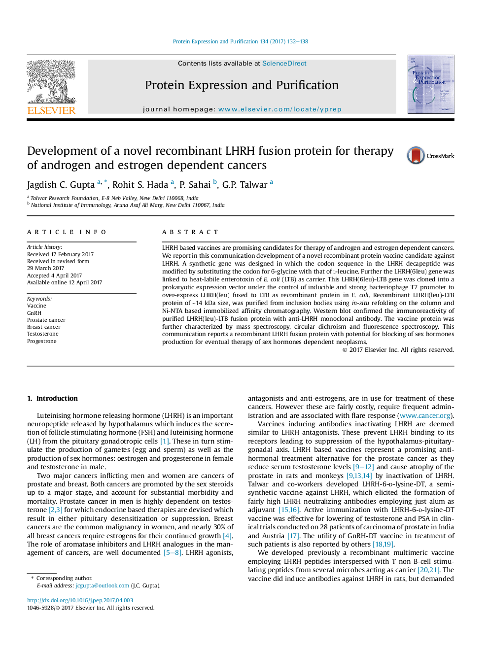 Development of a novel recombinant LHRH fusion protein for therapy of androgen and estrogen dependent cancers