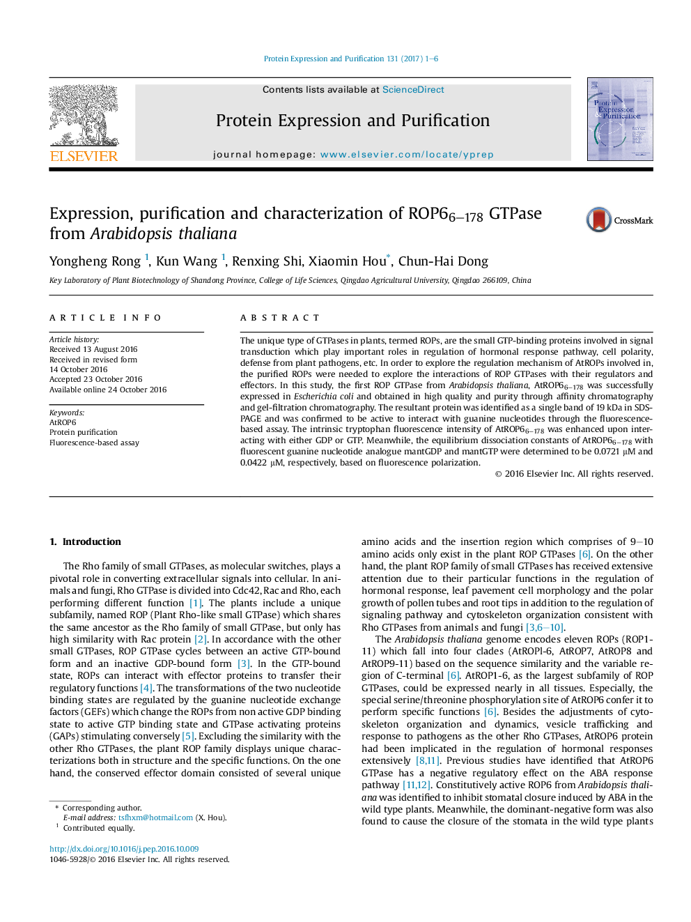 Expression, purification and characterization of ROP66-178 GTPase from Arabidopsis thaliana