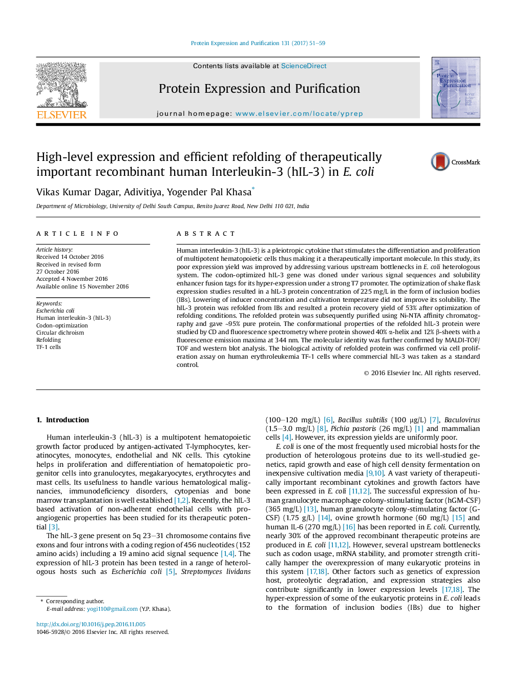 High-level expression and efficient refolding of therapeutically important recombinant human Interleukin-3 (hIL-3) in E.Â coli