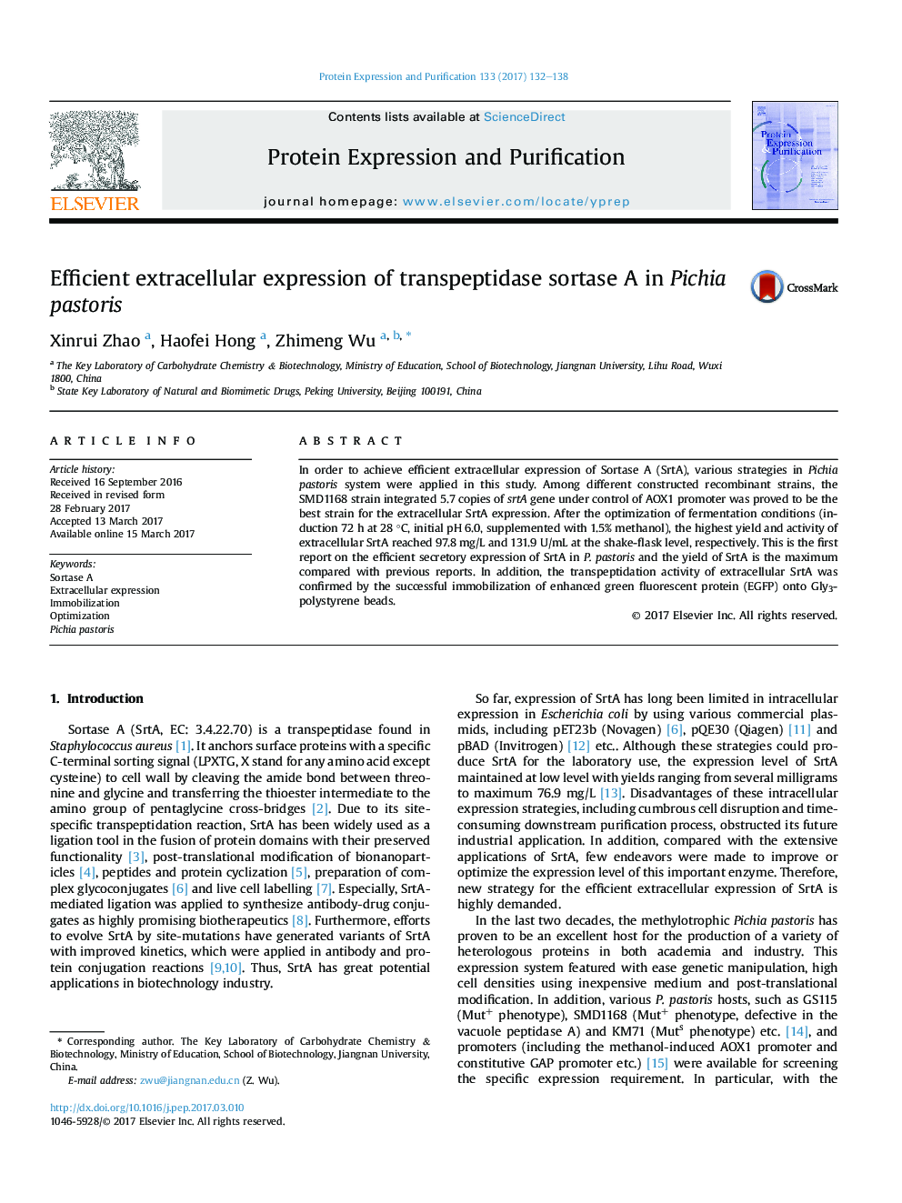 Efficient extracellular expression of transpeptidase sortase A in Pichia pastoris