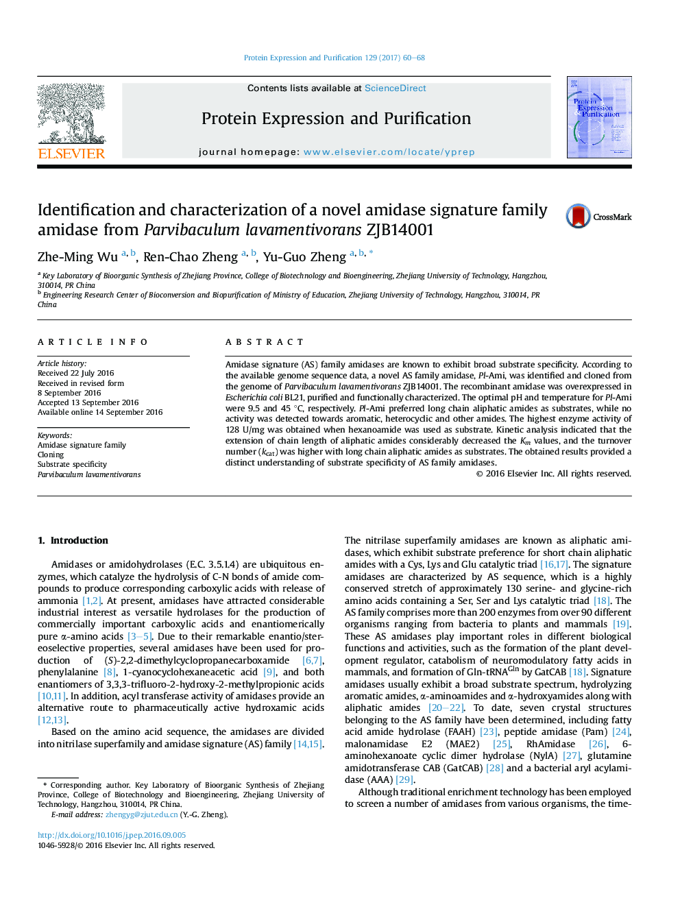 Identification and characterization of a novel amidase signature family amidase from Parvibaculum lavamentivorans ZJB14001