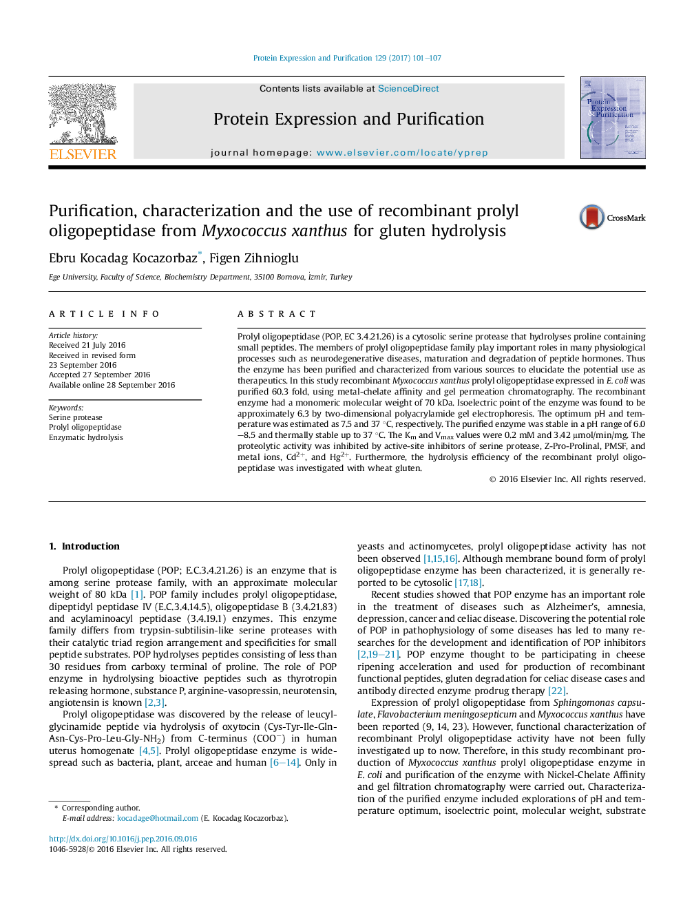 Purification, characterization and the use of recombinant prolyl oligopeptidase from Myxococcus xanthus for gluten hydrolysis